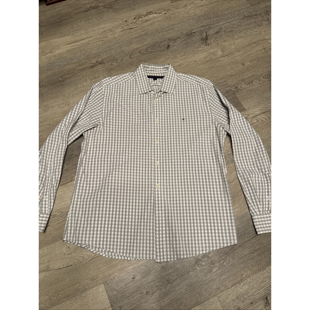 Tommy Hilfiger Mens Gingham Stretch Button Up Shirt Grey Checkered Large